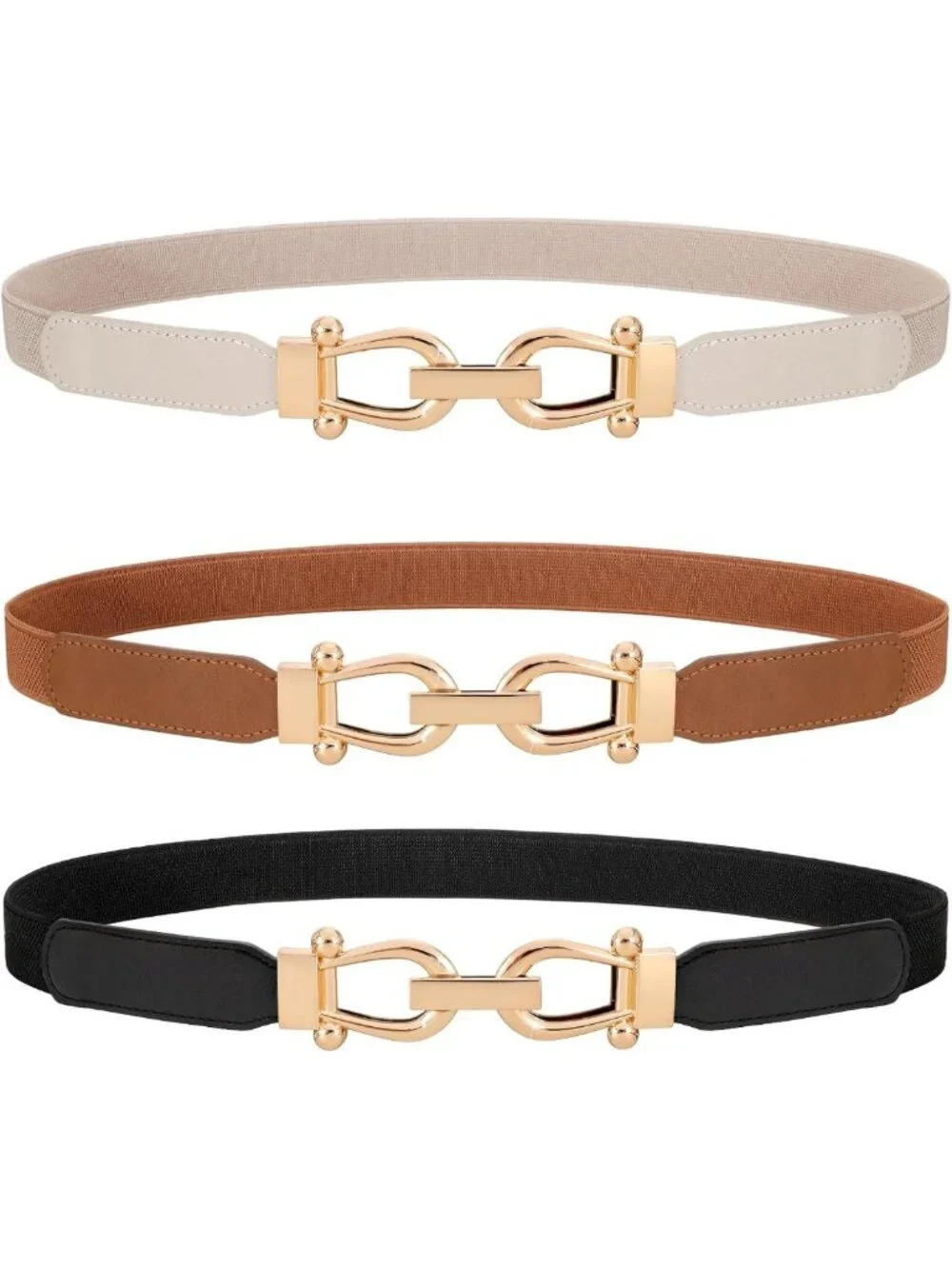 3 Pack Women's Skinny Elastic Waist Belts with Gold Buckle - Stretchy Thin Belts